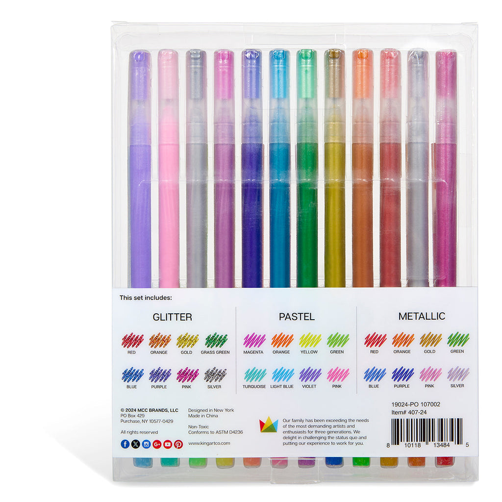 Gel Pens Variety Pack - Glitter, Metallic & Pastel Colors - 24 pc
