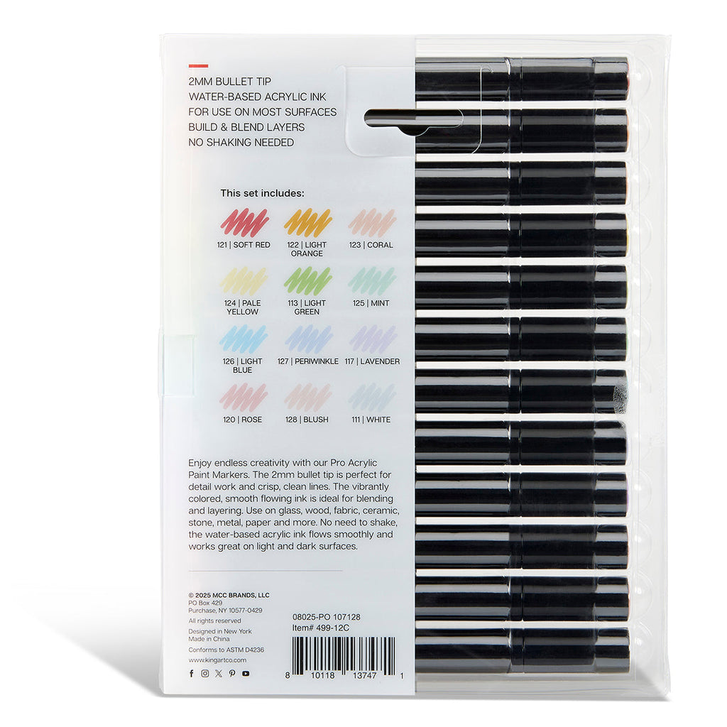 PRO Acrylic Paint Markers - 2mm Bullet Tip - 12 Pastel Colors