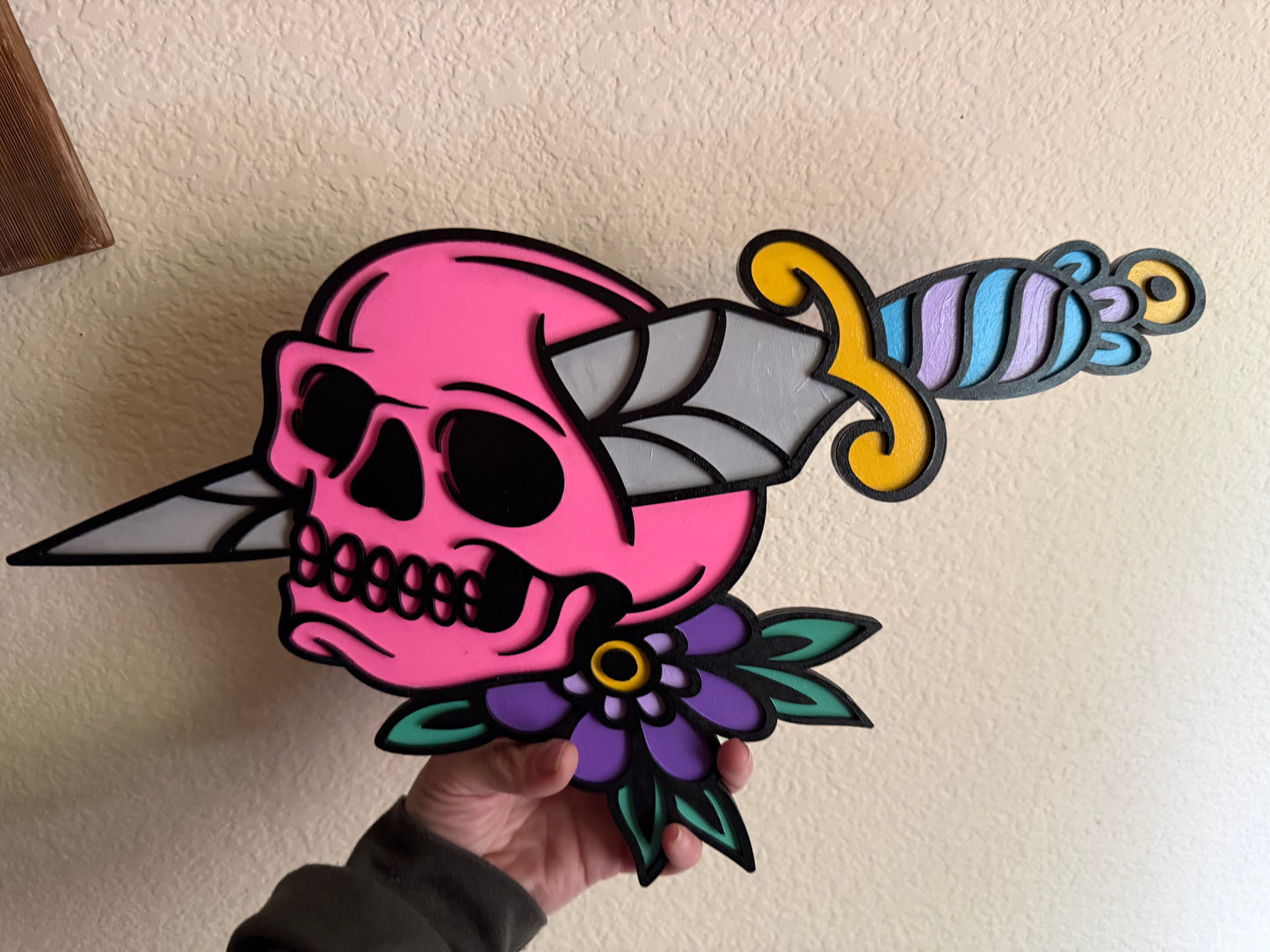 Hand-Painted Skull & Dagger Wall Art Plaque
