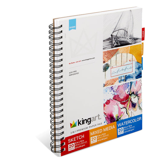 Sketch, Mixed Media & Watercolor Paper Combo - Side Spiral - 9” x 12” - 60 Sheets