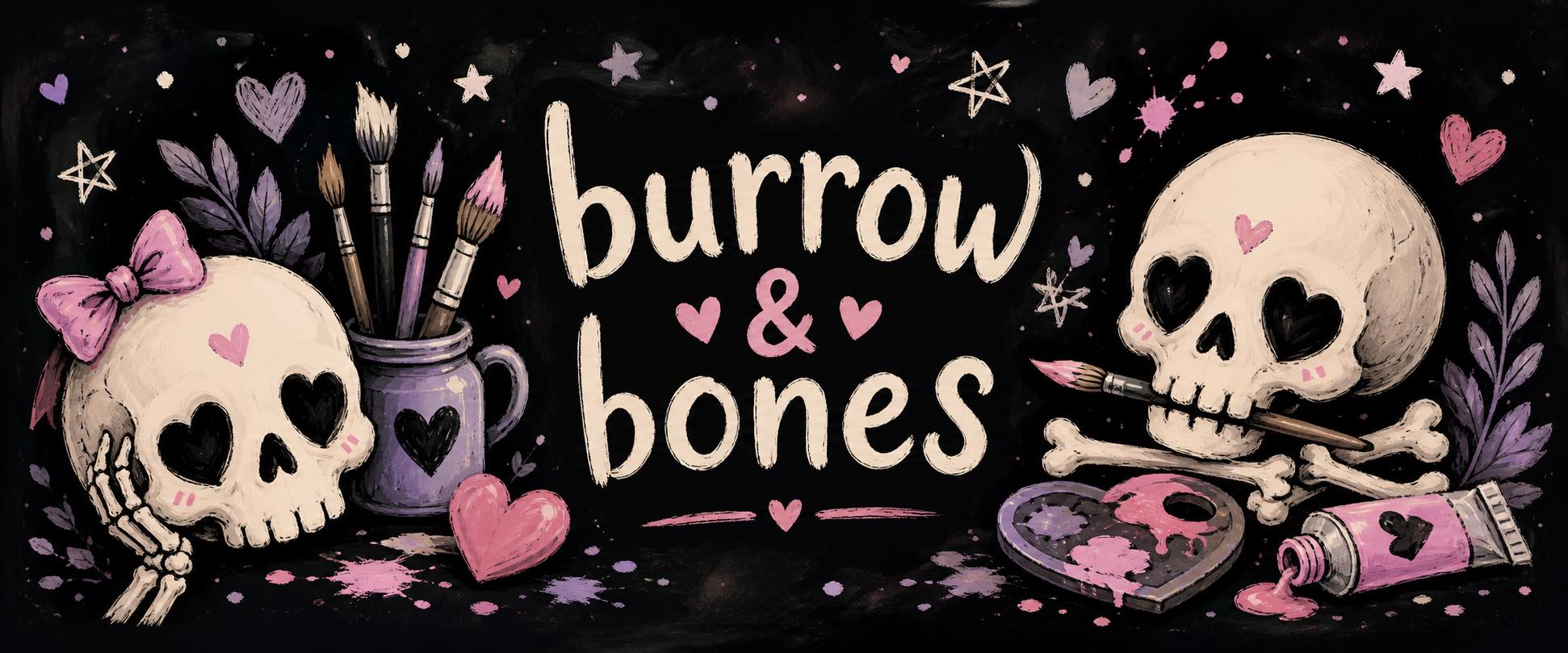 Decorative banner with skulls, hearts, and paintbrushes featuring the text 'burrow & bones'.