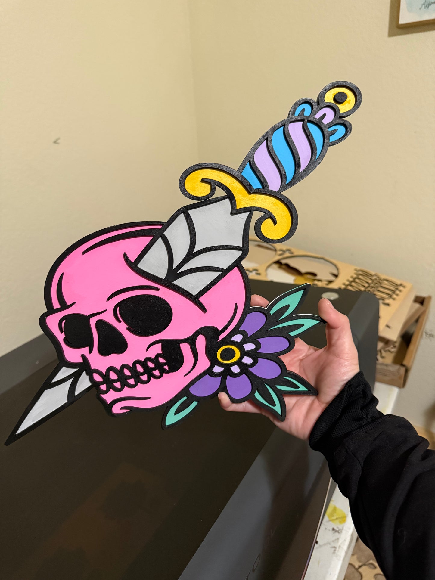 Hand-Painted Skull & Dagger Wall Art Plaque