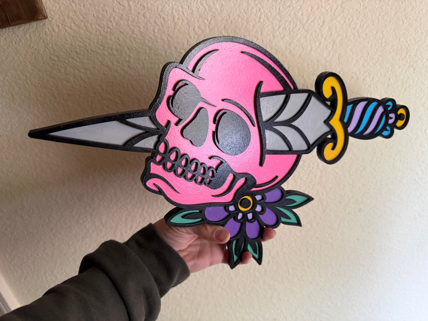 Hand-Painted Skull & Dagger Wall Art Plaque