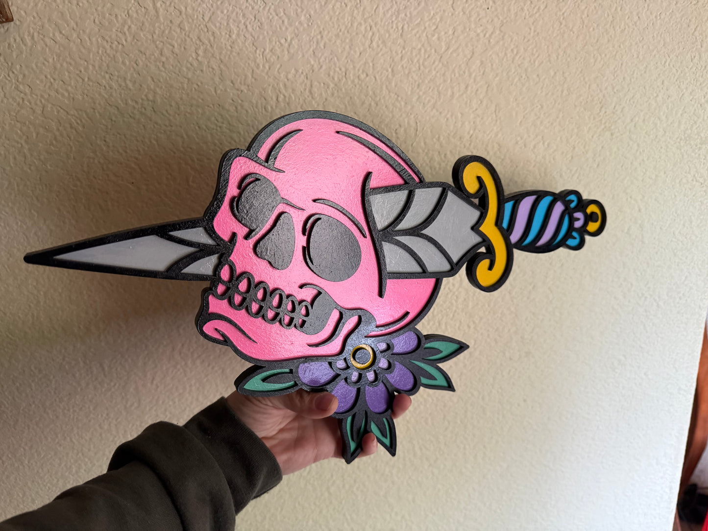 Hand-Painted Skull & Dagger Wall Art Plaque