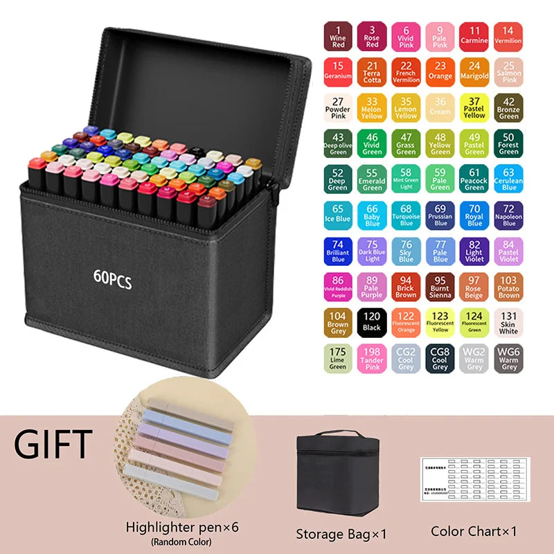 Dual Tip Alcohol Markers — 24/36/48/60/80/120/168/262 Color Sets | Permanent Art Sketch Markers for Illustration & School Supplies
