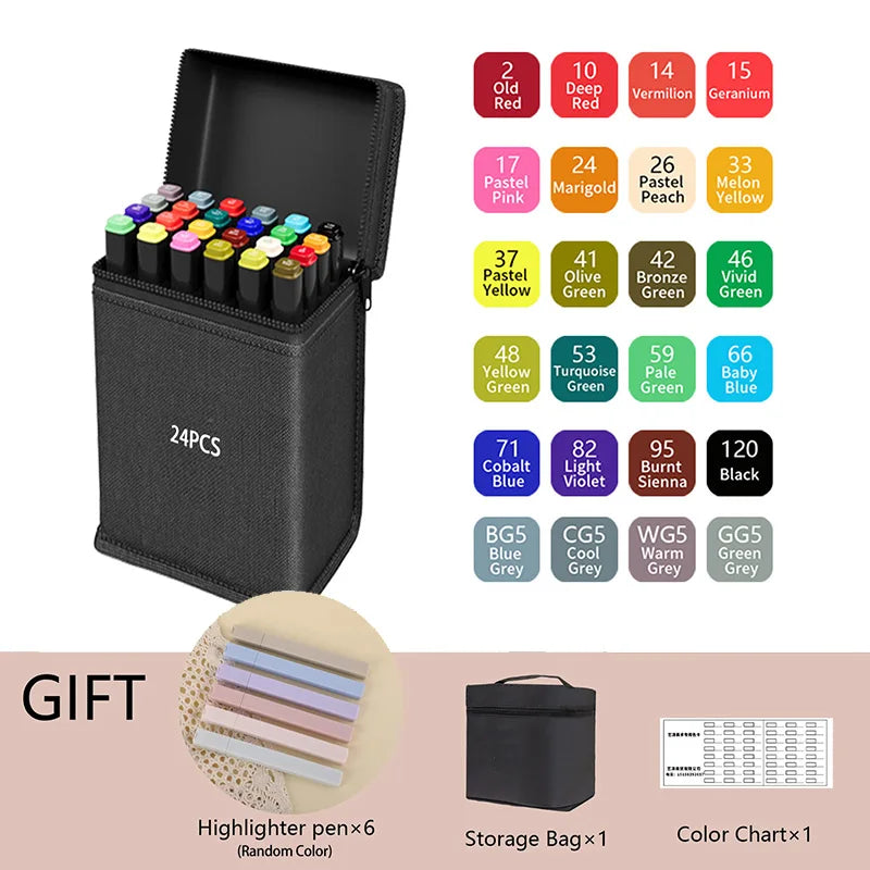 Dual Tip Alcohol Markers — 24/36/48/60/80/120/168/262 Color Sets | Permanent Art Sketch Markers for Illustration & School Supplies