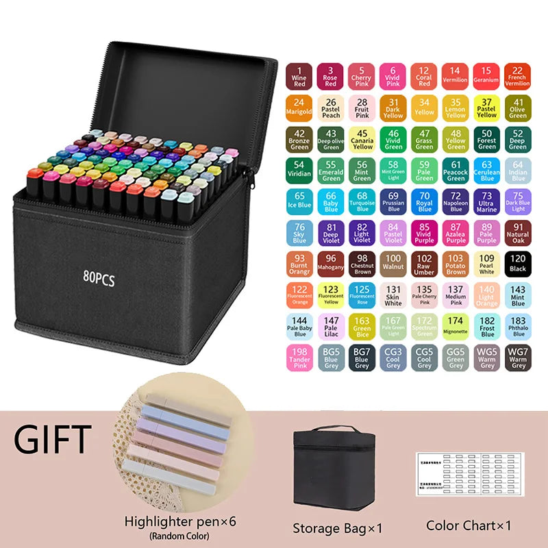 Dual Tip Alcohol Markers — 24/36/48/60/80/120/168/262 Color Sets | Permanent Art Sketch Markers for Illustration & School Supplies